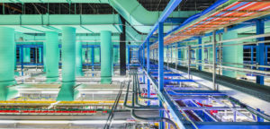 The inside infrastructure and wiring of a large data center